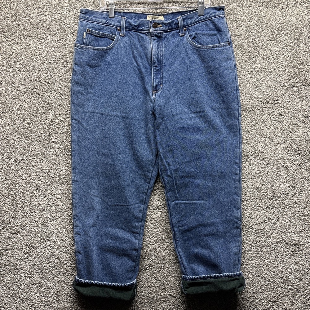 LL Bean Fleece Lined Jeans Mens 38x30 Blue Denim Classic Fit Straight 162343 VTG